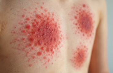 Fototapeta premium Close-up of painful red rash on human skin. Body affected by allergic reaction, skin disease. Spots pimples and inflammation. Medical healthcare problem.