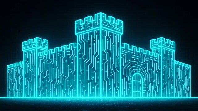 A digital representation of a futuristic castle, glowing in neon blue, combining elements of traditional architecture with modern technology, symbolizing innovation and creativity.
