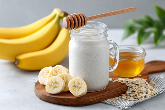 creamy milk-based fruit licuado with honey garnish on rustic wood table
