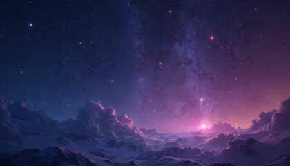 Obraz premium Stunning view of a starry night sky with galaxy milky way background. Cosmic space filled with stars and clouds. Mountain range at the base. Night stars starlight shine with space cosmos.