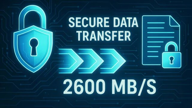 This illustration represents secure data transfer technology with a lock symbol, showcasing high-speed connectivity at 2600 MB/s, emphasizing data security in modern digital commun