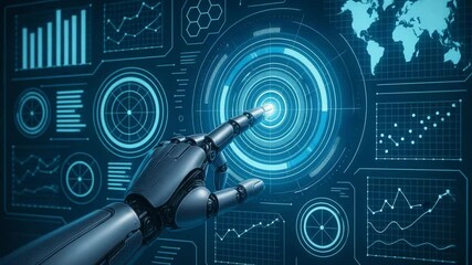 A futuristic robotic hand interacting with a digital interface, showcasing graphs and maps - Powered by Adobe