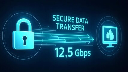 A conceptual illustration demonstrating secure data transfer, featuring a lock, data flow, and speed indication of 12.5 Gbps, emphasizing cybersecurity in digital communication. - Powered by Adobe
