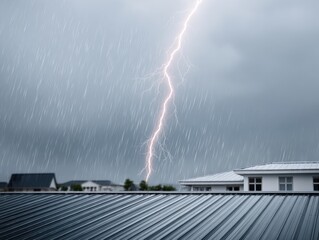 Lightning strike during heavy rain, hitting near a residential area with metal roofs, thunderstorm with heavy downpour.