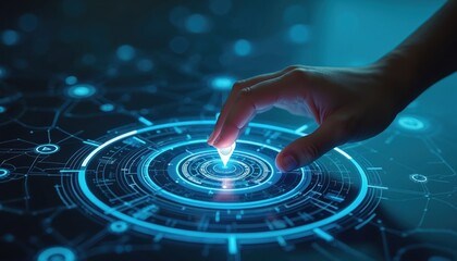 Hand interacts with digital location tracking tech interface. Finger touches interactive map with geolocation pointer. Futuristic digital technology, navigation, GPS, lbs concepts. High-tech