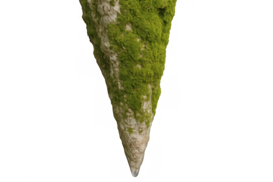 Mossy stalactite hanging vertically, water droplets glistening, suspended against pristine white backdrop