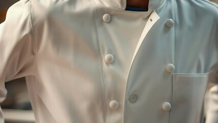  A white chef's coat with a double-breasted closure, highlighting its professionalism and hygiene for culinary settings