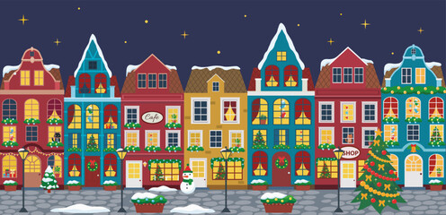Vector illustration of european winter town. Flat design. Old houses.