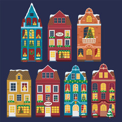 Vector illustration of european christmas houses. Flat design. Old houses.