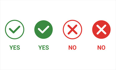 Check mark and cross mark icon set. Green checkmark and red crossmark symbols isolated on transparent background. Vector illustration.
