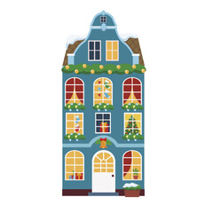 Winter Christmas european house vector flat illustration