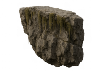 Isolated floating rock with moss hanging from its top surface, perfect for fantasy or surreal projects