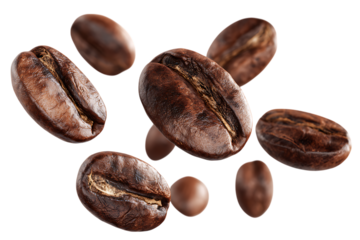 Roasted coffee beans falling on black background