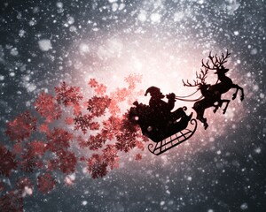 Naklejka premium Silhouette of a sleigh and reindeer in a snowy, celestial scene