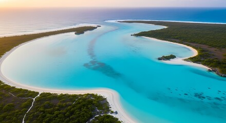 Obraz premium Aerial panoramic view of a tropical island beach with clear blue ocean water and sky