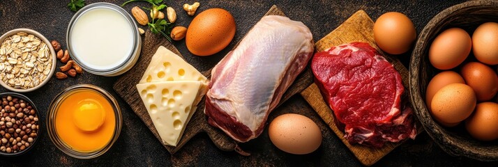 Variety of Healthy Protein Sources: Nutritious Meat, Eggs, and Dairy for a Balanced Diet
