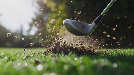 Close up of a golf club striking a ball the moment of impact frozen with grass and dirt flying highlighting the power of the swing on a bright sunny day
