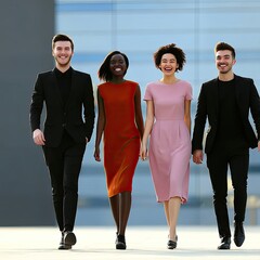 Four Young Professionals Walking Near Modern Office Buildings