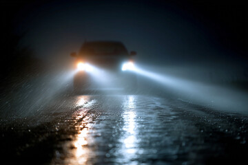 Car driving at night in heavy rain with headlight on.