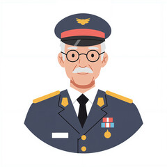 A senior soldier is depicted wearing a formal uniform and cap, showcasing medals and a distinguished appearance