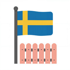 A flat vector of the Swedish flag by a wooden fence on a white background makes a striking visual