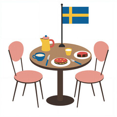 A simple table displays Swedish delicacies, drinks, and a flag, creating a festive dining atmosphere
