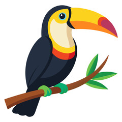 A tropical toucan bird sitting on a branch, colorful beak, flat vector PNG, no background