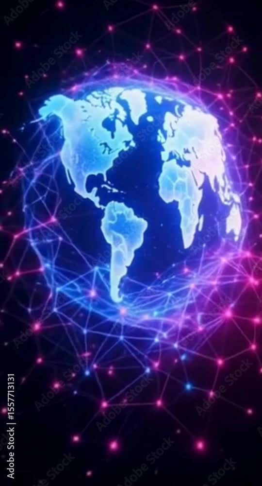 Poster global network connection with world map in neon colors data transfer and communication