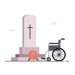 A wheelchair is placed next to a war memorial, honoring those who served, featuring a simple floral wreath at its base
