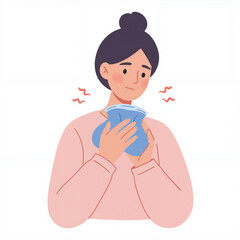 A woman holds a cold compress to her face, showing discomfort while seeking relief in a calm setting