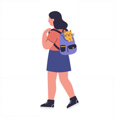 Woman carries a playful cat in her backpack, enjoying a leisurely outing in a simple, modern design