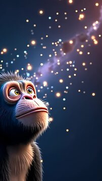 Curious cartoon monkey looking up at bright glowing particles. Dark background with bokeh lights and animal focus. Footage. vertical video