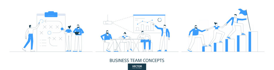 Leadership support strategy illustrations set in thin line style. Growth together abstract linear vector design concepts. Coach success, stairs climbing flat icon. Business people characters team work