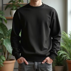 Man wears blank black sweatshirt in indoor room with green plants. Cotton casual clothing mockup, apparel design template. Empty space for logo, print, brand placement on fashion product.