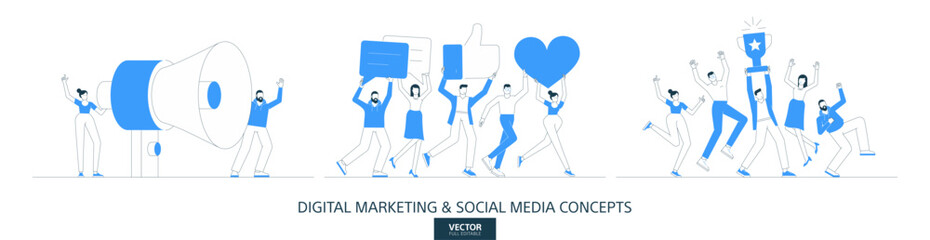 Digital marketing, client feedback illustrations set in thin line style. Public review abstract linear vector design concepts. Social media survey flat icons. Business people characters team work.