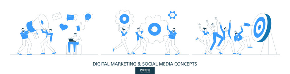 Digital marketing, efficient system illustrations set in thin line style. Company process abstract linear vector design concepts. Social media support flat icons. Business people characters team work.