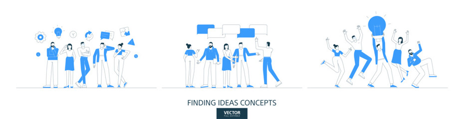 Creative idea illustrations set in thin line style. Conversation, feedback abstract linear vector design concepts. Group brainstorm, speech bubble talk flat icons. Business people characters team work