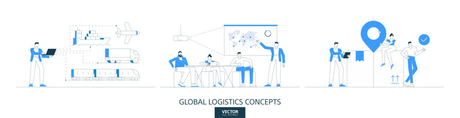 Supply chain, delivery service illustrations set in thin line style. Global import and export abstract linear vector design concepts. Logistics order flat icons. Business people characters team work.