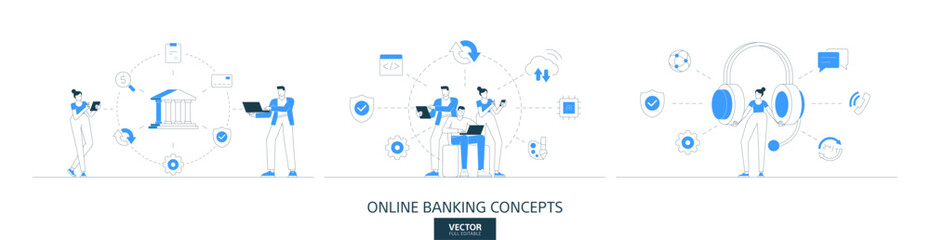 Money and banking, fintech invoice illustrations set in thin line style. Payment system abstract linear vector design concepts. Payroll service flat icons. Business people characters team work.