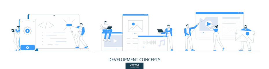 App development process illustrations set in thin line style. Web code abstract linear vector design concepts. Software, laptop computer screen flat icons. Business people characters team work.