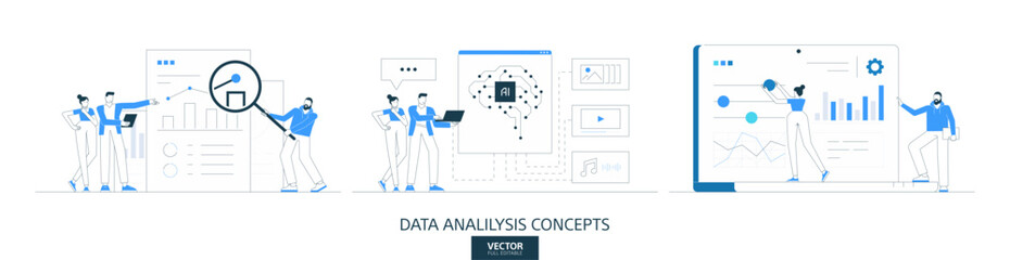 AI analysis illustrations set in thin line style. Data strategy abstract linear vector design concepts. Artificial intelligence technology process flat icons. Business people characters team work.