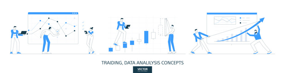 Market analysis, forex trading illustrations set in thin line style. Financial data dashboard abstract linear vector design concepts. Stock graph chart flat icons. Business people characters team work
