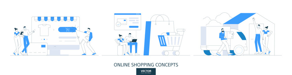 Online shopping, delivery illustrations set in thin line style. Store payment abstract linear vector design concepts. Mobile service, bag, cart flat icons. Business people characters team work.