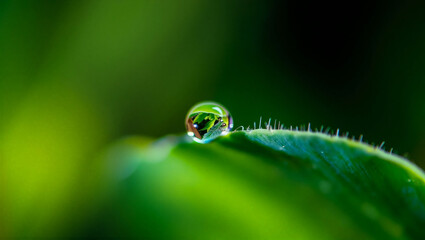 Extreme macro photograph of single sparkling dew droplet on fresh green leaf reflecting miniature world, studio back-light, vivid colors, nature purity and freshness concept.  AI