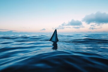Fototapeta premium Shark fin breaks the surface of calm blue ocean waters during dusk hours, Shark fin emerges from blue ocean water at dusk, creating sense of mystery and awe in calm seascape