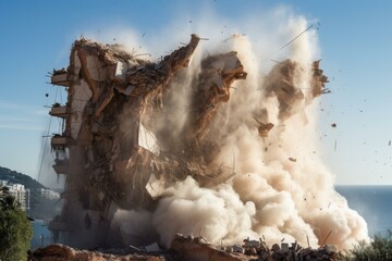 Controlled demolition of a large building creates a massive dust cloud near the coastline