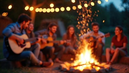 Group friends enjoy campfire night. Guitar, singing, music, vacation. Joyful atmosphere with fire, sparks in air. Blurred people sitting, having fun, together. Bonding time in nature.