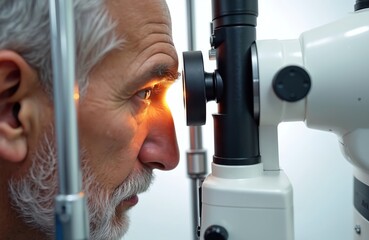 Elderly man on eye exam with slit lamp. Doctor uses medical equipment to check patient eyesight vision. Optometrist examines eyes, looking for potential diseases. Healthcare, medicine, ophthalmology.