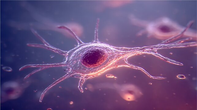 Microscopic close up of single celled organism Amoeba proteus transparent cell body visible pseudopods suspended fluid with soft backlight