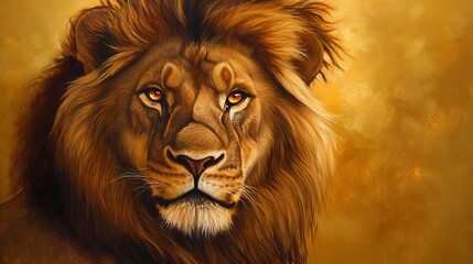 Fototapeta premium Close up of a lion with intense amber eyes its mane thick and wild captured in the soft morning light with detailed textures of its fur and a gentle golden background